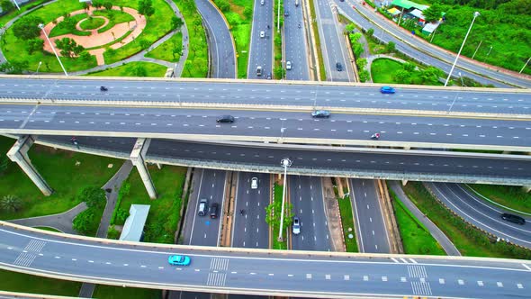 Stunning Aerial view drone shot above freeway traffic alt