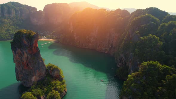 An aerial view from a drone over the bay, tropical seas and beautiful scenery