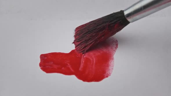 Brush With Red Paint Draws a Line on White Paper in Macro