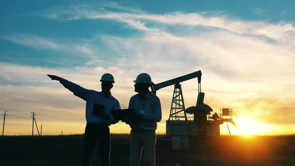 Oil Industry Workers Talking in an Oil Field By an Oil Pump at Sunset