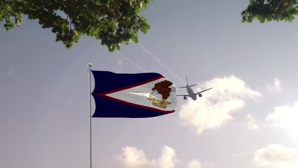 American Samoa Flag With Airplane And City -3D rendering