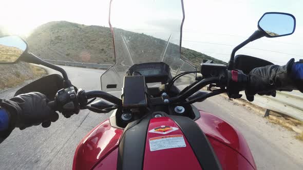 POV Biker Rides on Motorbike By Scenic Mountain Road Moto Adventure Freedom