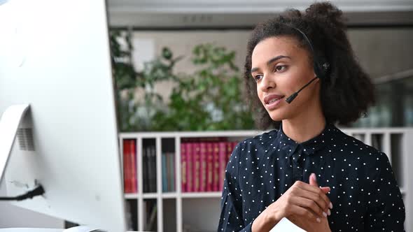 African American Friendly Young Woman with Headset Call Center Worker Consultant Business Person