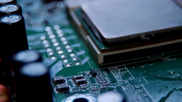 MACRO Computer Motherboard showing chips, transistors and circuits