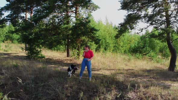 Young Plump Woman and Her Cute Dog Playing Together in Forest  Aerial View