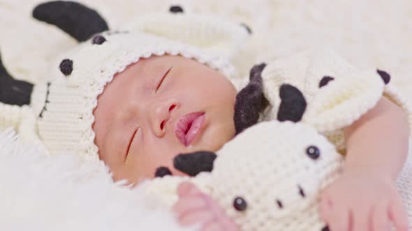 happy newborn baby wearing cute cow costume lying sleep on white background