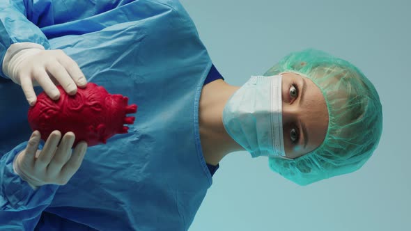 Female Cardiology Doctor Holding an Artificial Heart Vertical Video Medium Closeup Blue Background