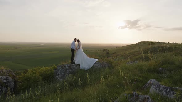 Far View of Bride and Groom That Stand on Big Stone