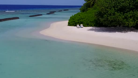 Aerial drone travel of lagoon beach journey by blue water with sand background