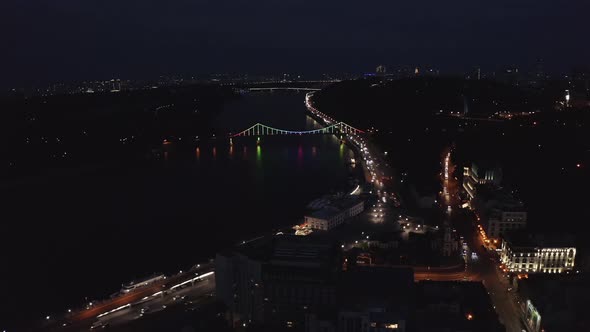 Aerial Dark View of the the City Center of Kyiv Ukraine