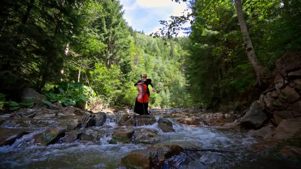 Beautiful girl plays the cello on nature landscape. Green trees and mountain river background.