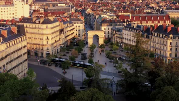 Dijon City Center with public transpiration during golden hour drone HD 30p