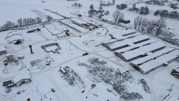 Countryside. Livestock Farm. Top View In Winter