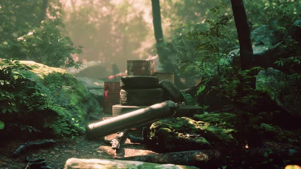 Old Used Wheels in the Tropical Forest As Pollution Concept