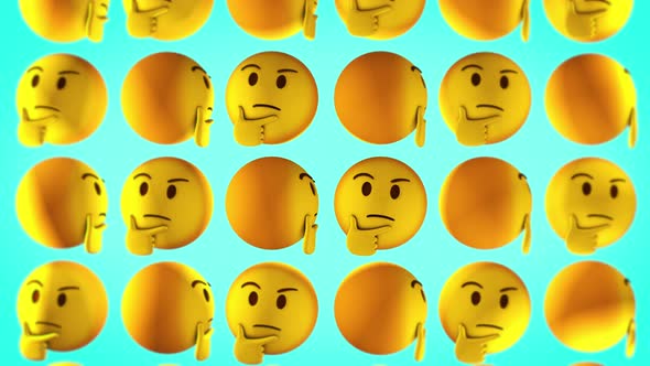 Comic thinking emoji used in social networks moving up in blue background