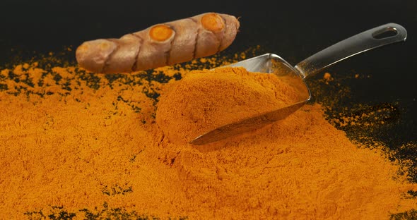 Turmeric, curcuma longa, Root falling on curcuma Powder, Indian Spice, Slow Motion 4K