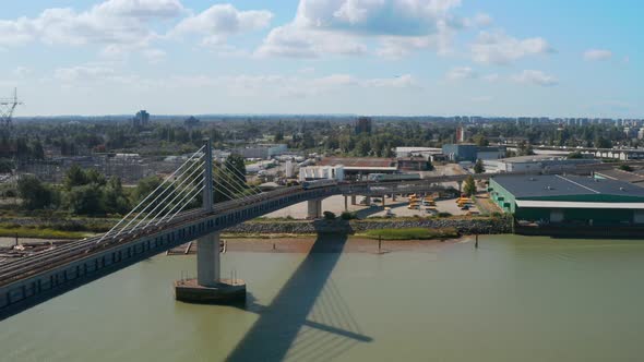 North Arm Bridge In Metro Vancouver, British Columbia, Canada - aerial drone shot