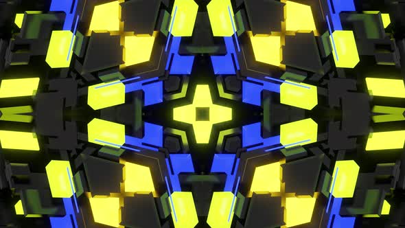 Dark Looped Bg with Abstract Symmetrical Pattern of Geometric 3d Stuff and Neon Light