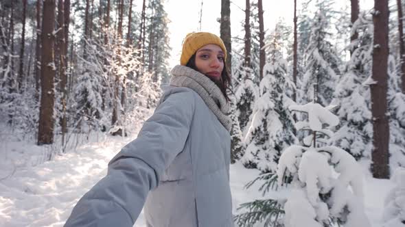 Follow Me Winter Walk Through the Forest with Young Female Firstperson View a Beautiful Girl Holding