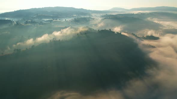 4K Aerial view of Mountains landscape with morning fog.