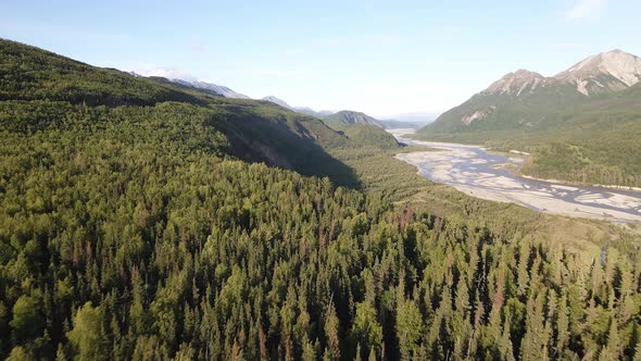 Aerial flight away from sunset along the tree tops and towards the Matanuska River in the Talkeetna