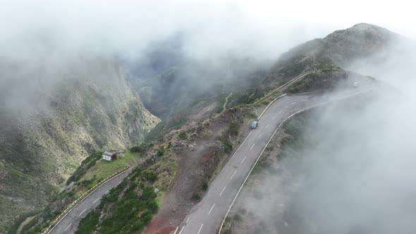 Madeira Island Mountain Road Through the Clouds with Cliffs and Beautifull Nature Surrounded on a