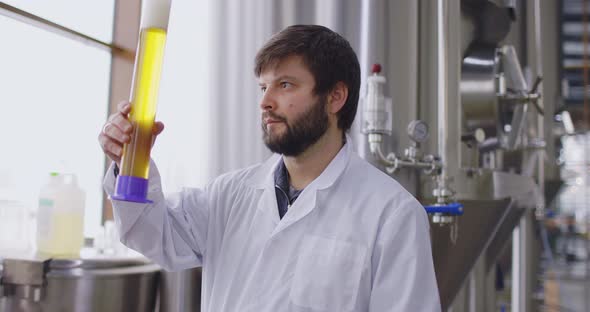 Men Testing Quality of Fresh Beer in a Brewery