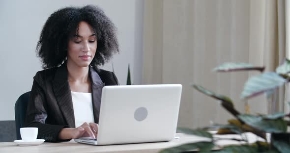 Busy Woman Office Worker Sits at Desk in Company, Works Surfing Internet, Uses Laptop To Process