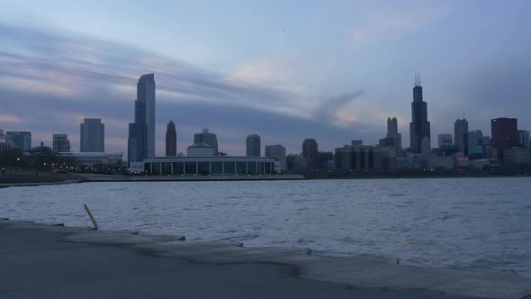 Buildings and towers at dusk in Chicago