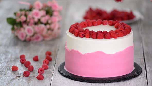 Chef decorate the cake with raspberries