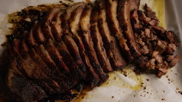 Rotating shot of delicious smoked brisket 