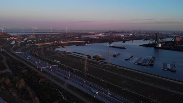 Maasvlakte Port And The National Road During Sunset In Rotterdam. aerial