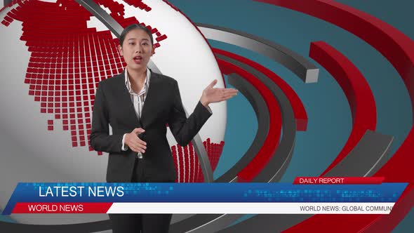 Live News Studio With Asian Professional Female Anchor Pointing To Side While Reporting On The Event