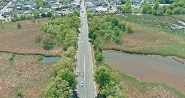 View From the Top Automobile Bridge Passing in the Over River of Concrete Bridge