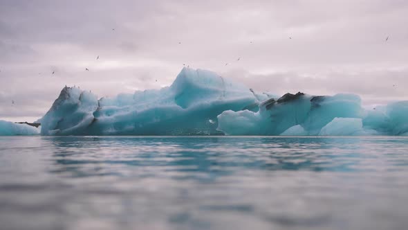 Blue Icebergs at Jokulsarlon Ice Lagoon and Seagulls Over Iceland Slow Motion