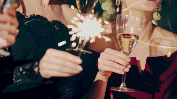 Close Up Portrait of Friends at Party Celebrating Birthday Drinking Champagne or Sparkling Wine