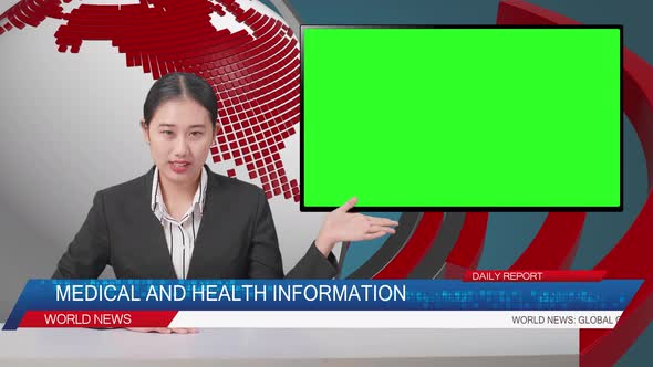 Live News Studio With Asian Professional Female Anchor And Green Screen Television Pointing To Side