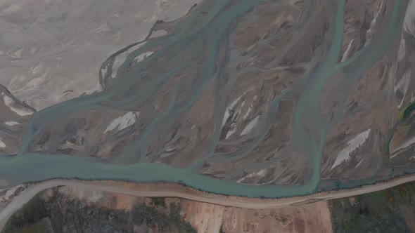Overhead View of Krossa River Flowing in Thorsmork Mountain Landscape
