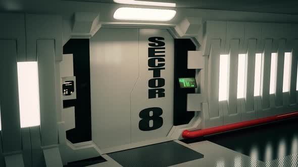 Interior of the spaceship. Futuristic corridor with the sliding door module.