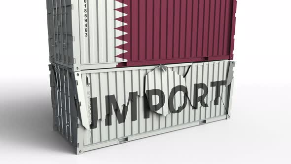 Container with Flag of Qatar Breaking Container with IMPORT Text