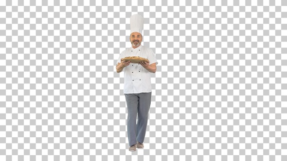 Male chef running and holding a pizza, Alpha Channel