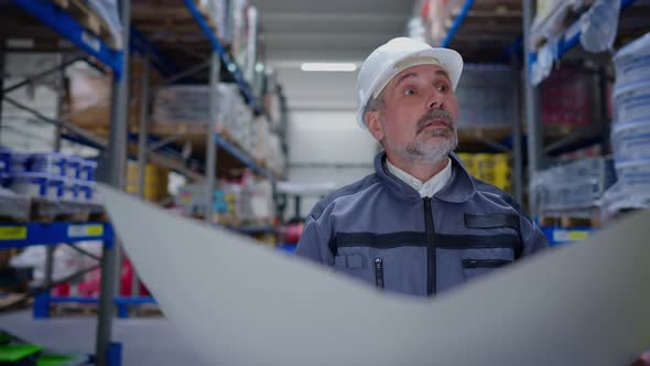 Portrait of Focused Handsome Senior Bearded Man in Hard Hat Walking in Warehouse with Paperwork