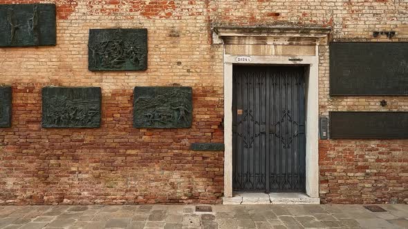 Famous memorial holocaust wall at Jewish ghetto quarter of Cannaregio in Venice, Italy