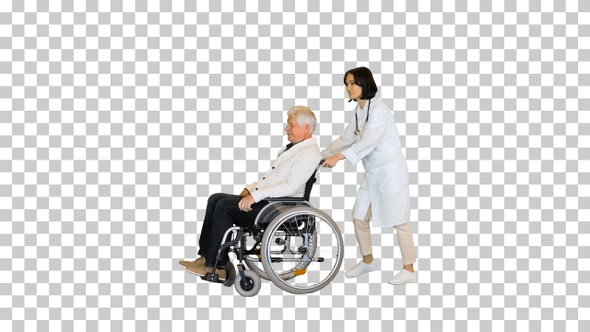 Nurse pushing a patient on a wheelchair, Alpha Channel