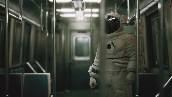 Astronaut Inside of the Old Non-modernized Subway Car in USA alt