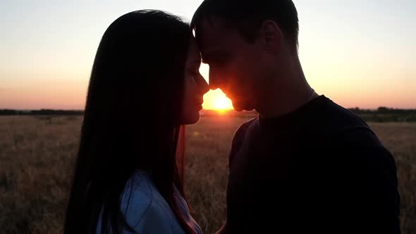 couple in love kissing on the background of a summer sunset.