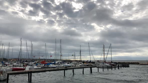 Boats in marina during storm