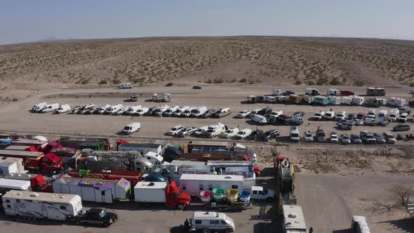 Aerial view of trucks parked in an Arizona desert