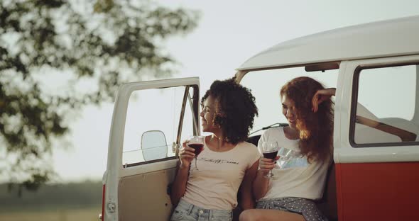 Two Young Woman Picnic Time, Drinking Wine