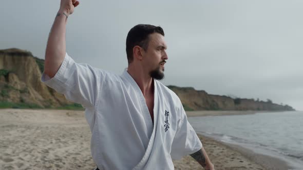 Karate Fighter Exercising Outdoors Closeup